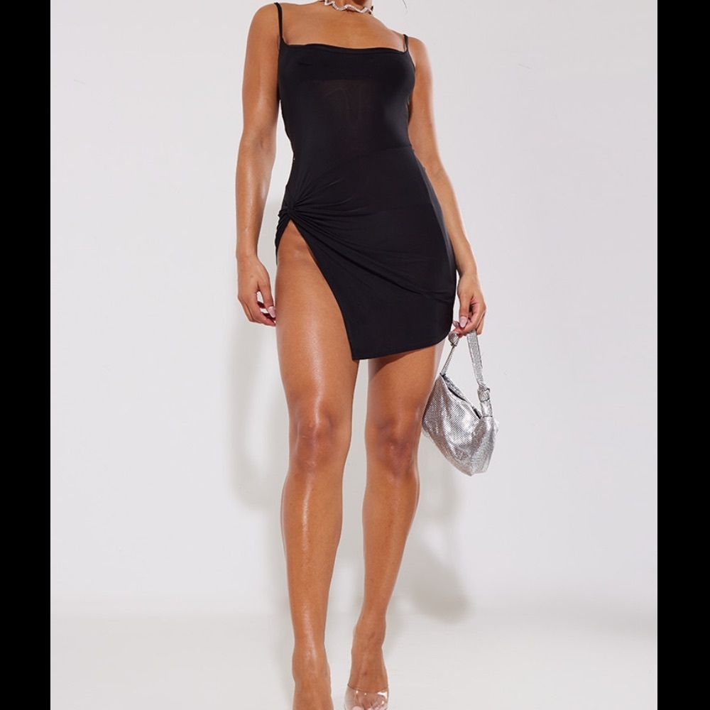 Black Slinky Twist Detail Strappy Bodycon Dress